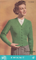 vintage penelope K1463 1940s knitting pattern for cardigan