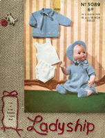Delightful vintage doll knitting pattern for frilly brim bonnet, dress, jacket and embroidered undies as well as bootees